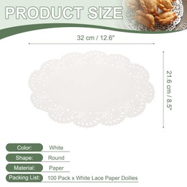 YELARXI Paper Doilies, 12.6 Inch White Lace Doilies Oval Disposable Decorative Placemats Hollow Flower for Desserts Food Crafts Parties Birthday Tableware Decoration (100 Pack, White)