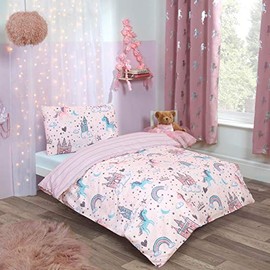 Dreamscene Unicorn Kingdom Duvet Cover with Pillowcase Reversible Kids Toddler Bedding Set, Girls Fairy Castle Pink - Junior/Cot Bed