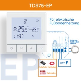 Beok Underfloor Heating Thermostat for Electric Underfloor Heating Thermostat Heating Digital Programmable Room Thermostat Underfloor Heating Control with Sensor 16A TDS75-EP White