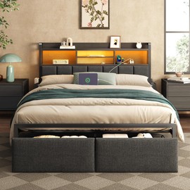 Furnulem Full Size Bed Frame with Upholstered Headboard, Bed Frame Full with Storage Drawers, Charging Station & LED Lights, Metal Platform No Box Spring Needed, Noise Free, Black (1200 lbs Capacity)