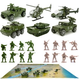 23-Pack Die-Cast Military Vehicles Set - Alloy Metal Army Soldiers, 16-Pack, Playmat, Mini Tank, Helicopter Playset for Kids Boys