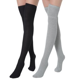 BABAHU Extra Long Cotton Thigh High Socks Over the Knee High Boot Stockings Cotton Leg Warmers (UK, Alpha, One Size, Regular, Regular, Black & Light Gray)