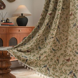 USTIDE Farmhouse Cotton Linen Curtain Light Filtering Curtain Pastoral Tassels Curtain Floral and Birds Print Curtain for Bedroom Living Room Office,150x160cm,1Panel
