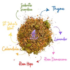 KUKER® Chakra Tea 50g Loose Leaf | Herbal Tea for Chakra Balance | Rose Hips Calendula Thyme Lavender Sideritis Scardica Rosa Damascena