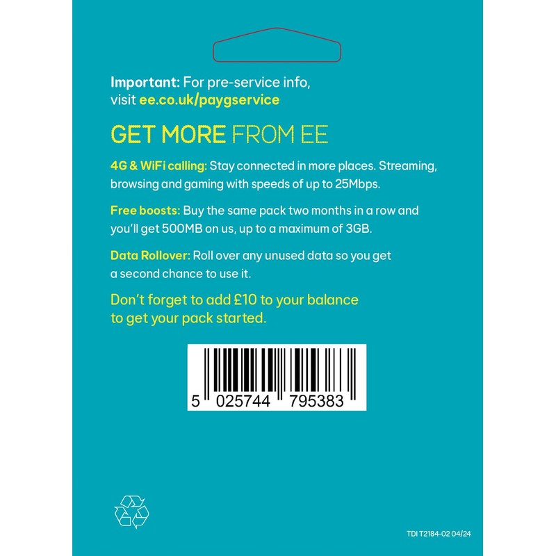 EE EE Pay As You Go Sim Card Preloaded With
