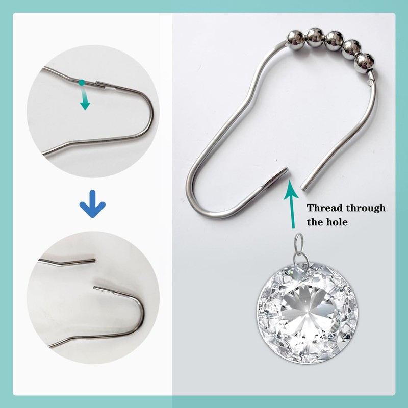 Crystal Shower Curtain Hooks Decorative Clear Bling Rings Cute Girly