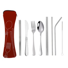 Hoshen Stainless Steel Knife, Fork, Spoon, Chopsticks, Straw Tableware, Eight-piece Set Of Western Tableware, Steak Knife And Fork Set, Noble Atmosphere, Light Luxury And Elegant Red Bag