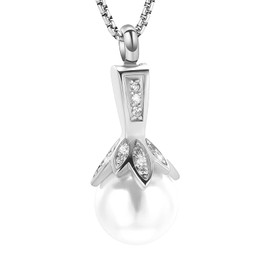 Shiny Zircon Flower Urn Necklace For Women Keepsake Cremation Jewelry For Ashes Memroial Pendant Necklace With Multi-colored Pearl Ball, Metal, Onyx,