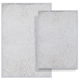 RUN HELIX Chenille Bathroom Rugs Non-Slip Bath Mat, Fluffy Shag Bath Rug, Washable Soft Shower Mat, Durable Thick Bathroom Sets, Water Absorbent Microfiber Shower Rugs, Bathroom Mats Set, White