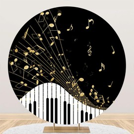 Leyiyi 6.5x6.5ft Piano Round Backdrop Cover Black White Piano Keyboard Gold Musical Notes Photography Background Musical Theme Birthday Decorations Banner Modern Art Party Photo Booth Props Supplies