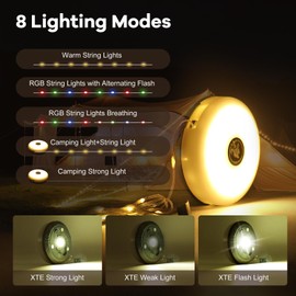 Camping String Lights Outdoor, 32.8ft Multi-Functional RGBW LED Camp Lights with 8 Modes, Waterproof IP44 Rechargeable Portable Hanging Lamps for Hiking Tenting Patio Party Christmas Decorations