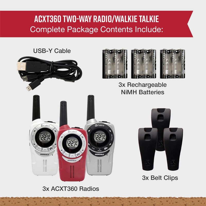 Cobra ACXT360 Water Resistant Walkie Talkies – Rechargeable, 22 Channels,