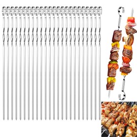 AOMAIGAD Pack of 24 Stainless Steel Barbecue Skewers, 30 cm Barbecue Skewers, Stainless Steel, Kebab Skewers, Stainless Steel, Grill Skewers, Reusable, Barbecue Skewers, for BBQ Meat, Vegetables, for