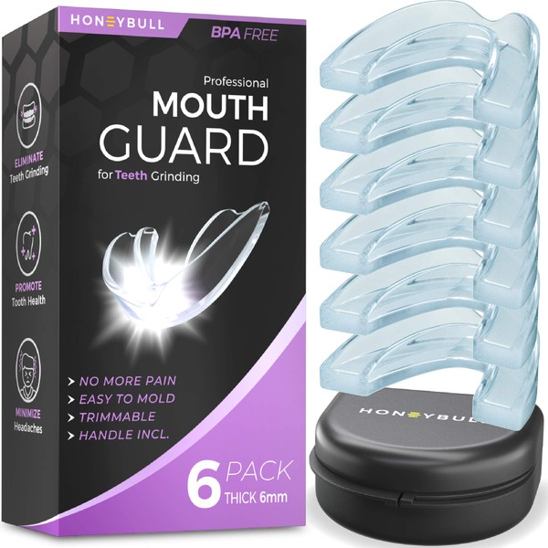HONEYBULL Mouth Guard for Grinding Teeth [6 Pack] 1 Size for Heavy Grinding | Comfortable Custom Mouth Guard for Clenching Teeth at Night, Bruxism, Whitening Tray & Guard