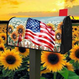 Sunflower Patriotic Mailbox Covers Magnetic Standard Size 21" X 18" Spring Summer American Flag Welcome Mailbox Wraps Post Letter Box Cover for Garden Yard Home Decor Outdoor Decorations
