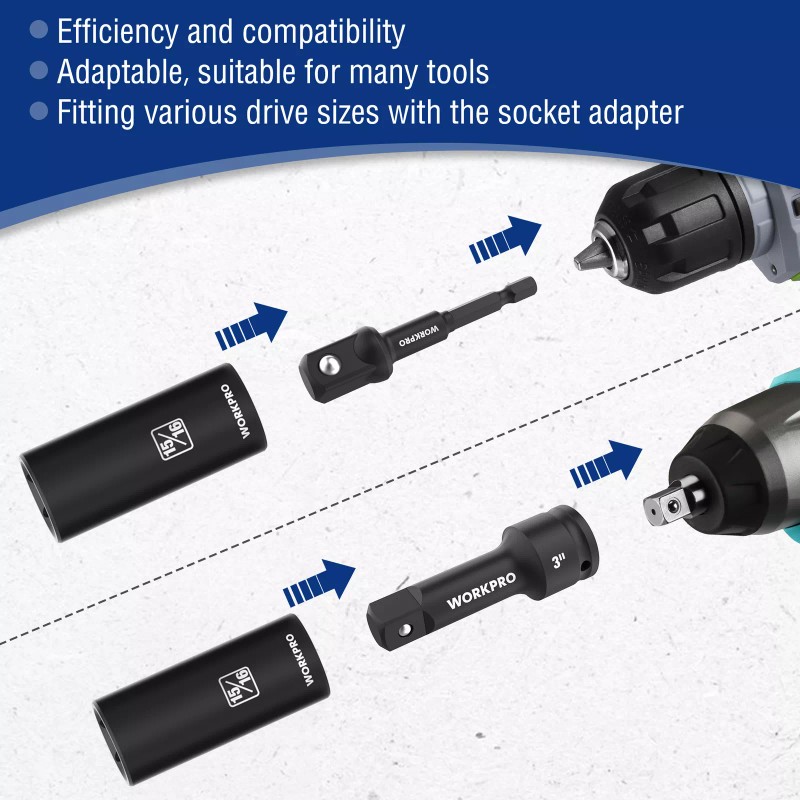 WORKPRO 20-Piece 1/2＂ Drive Deep Impact Socket Set, 6-Point, Cr-V