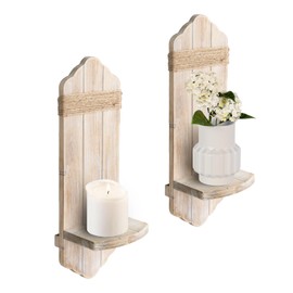 Wall Candle Sconces Set of Two, Rustic Washable White Wood Wall Candle Holder Decor, Farmhouse Wooden Candle Holder Wall Decorations for Fireplace, Hallway, Living Room, Bedroom