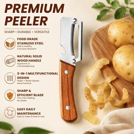 2026 Upgrade 2-in-1 Vegetable Peeler, Wooden Handle Stainless Steel Kitchen Peeler with Bottle Opener, Multifunctional Kitchen Tool for Potato, Pumpkin,