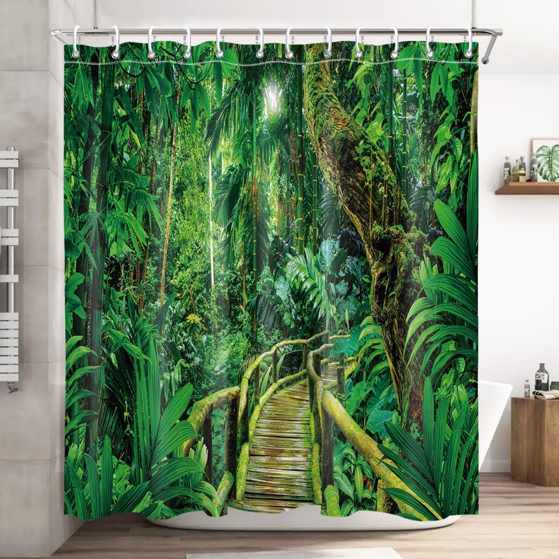 Nature Forest Wooden Bridge Shower Curtain 3D Rain Forest Scenic