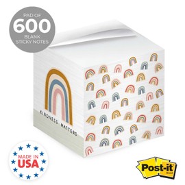 Be Kind Modern Rainbow Sticky Note Cube / 600 Sheets / 2.75" Memo Block Printed on 4 Sides/Different Boho Rainbow Design On Each Side/Made in The USA