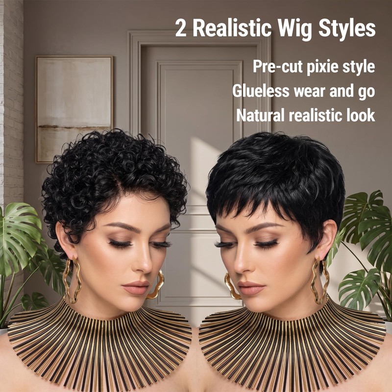2 Pcs Glueless Pixie Cut Wig, Short Black Wig with