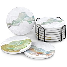 UMIRRO Ceramic Stone Coasters for Drinks Absorbent with Holder | Agate Style Coasters Set with White Marble Texture Background | Cool Cup Mat with Geode Pattern | Unique Fancy Tabletop Protection Mat