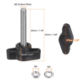 sourcing map 8pcs Tee Wing Knobs M5 x 30mm Metric 304 Stainless Steel Threaded Stud 27mm Z/T Head Plastic Handles Thumb Screws Hand Clamping Knob Grip Thumbscrew with Nuts Washers, Black
