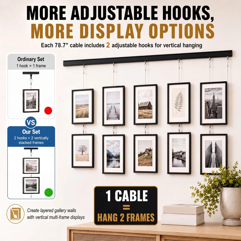 2 Rails 40" Picture Rail Hanging System with Roller Slider