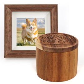 Pet Ashes Box Set, Wooden Round Pets Urn for Dog Ashes Cat, Handicrafted Memorial Gift with Photo Frame, Cremation Keepsake for Small Pets (Life Tree, S)