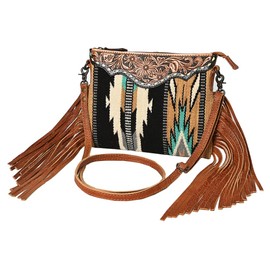 American Darling Cross body Bag, Hand-Tooled Floral Leather, Woven Saddle Blanket, Fringes, Vegetable Tanned Genuine Leather