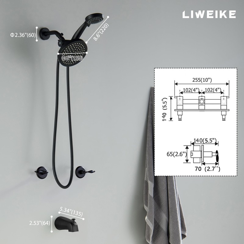 LIWEIKE Matte Black 2 Handle Shower Faucet Set, Wall Mount