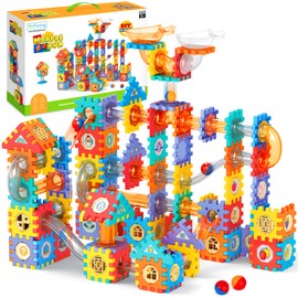 ArtCreativity Kids Marble Run Set - 246 PCS Marble Race Track with Interlocking Building Blocks - Construction Building Toy Marble Run with Waffle Blocks and Stickers- STEM Gifts for Boys