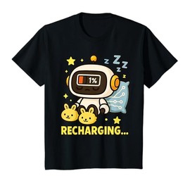Kids Recharging Sleepy Robot Funny Cartoon Kids Design T-Shirt