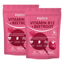 Beetroot & Vitamin B12 Complex – 18000mg Beetroot + 2000mcg Dual B12 (Methylcobalamin & Adenosylcobalamin) – Nitric Oxide Boost - Energy & Immune Support – 180 Capsules (2 Packs)
