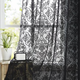 Abstractex Black Lace Net Curtains 72 Inches Long Damask Floral Sheer Panels for Bedroom Luxury Vintage Light Filtering Victorian Window Treatment Sets for Living Room, 54" W Rod Pocket 2 Panels