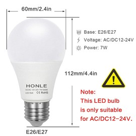 Honle E26 E27 LED 12-24V AC/DC Low Voltage 7W Daylight White 6000k Standard Edison Base 60W Halogen Bulb Equivalent for Rv Off Grid Solar Panel Project Lighting Boat Garden Landscape Pack of 2