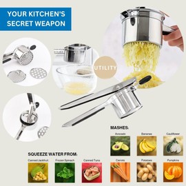 Wireless City 15oz Potato Ricer - Heavy-Duty Stainless-Steel Masher & Ricer Tool for Fluffy Mashed Potatoes, Baby Food & Vegetables - Ergonomic Anti-Slip Handles, Dishwasher Safe