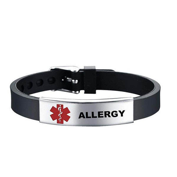 LuxglitterLin Sport Medical Alert ID Tag Bracelet Laser Engraved Allergy Silicone Adjustable Wristband 7.5 to 8.5“