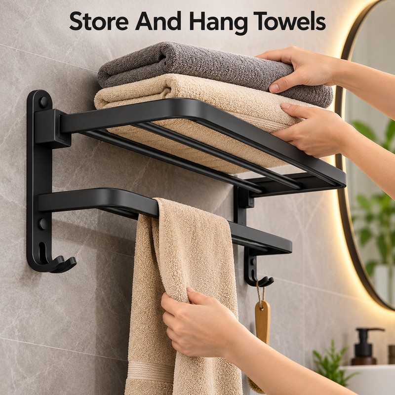 Matte Black 50CM Folding Towel Rack – Wall-Mounted Aluminum Towel