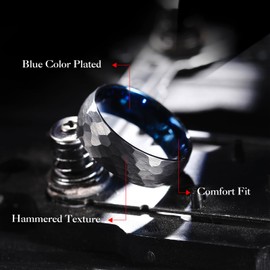 King Will 8mm Tungsten Wedding Rings for Men Blue Black Plated Hammered Texture Men's Wedding Band Gifts for Him Size R 1/2 (9)
