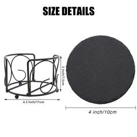 8 PCS Round Slate Drink Coasters Set, SIJDIEE 4 Inch Black Slate Stone Coasters with Anti-Scratch Bottom and Coaster Holder for Office Bar Kitchen Home Dinner Table Decor Supplies