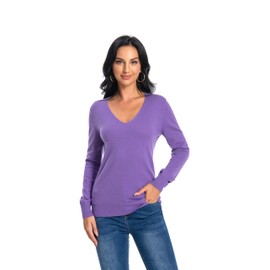 WOSICA Women‘s 100% Cashmere V-Neck Long Sleeve Pullover(Purple L)