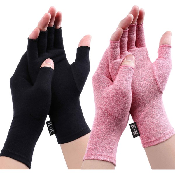 Digitek Arthritis Gloves - Compression Gloves for Rheumatoid - Fingerless Gloves Relieve Pain Rehabilitation and Pain Relief Daily Work for Men and Women, black / pink