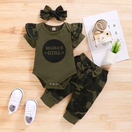 i-Auto Time Mama’s Newborn Baby Boy Girl Clothes Camouflage Ruffle Short Sleeve Romper+ Pants Bow Outfit Clothing Set (Mama's Girl, 12-18 Months)