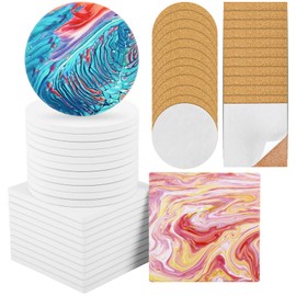 Ceramic Tile for Crafts Coasters, 24 Pack White Tiles Unglazed 4 Inch with 24 Pack Cork Backing Pads Includes Square and Round Ceramic Coasters for DIY Arts Craft Project Coasters