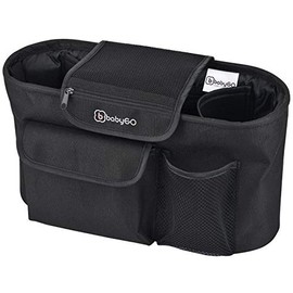 babyGO Pram Organiser Buggy - Pram Bag with Drink Holder - Ideal as a Storage Bag/Changing Bag - Pram Attachment Organiser Black