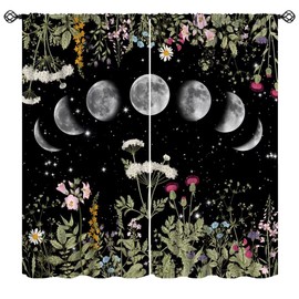 JanJCurt Floral Moon Curtains, Gothic Witchy Moon Phase Botanical Vintage Wildflower Plant Black Starry Sky Print Window Treatments for Living Room Bedroom Kitchen, 42x45 Inch (No Blackout)