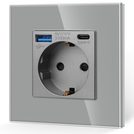 JIMEIDA Single Socket with USB 20 W Fast Charging Grey, 16 Amp Glass Schuko Sockets USB A and Type C Port, Flush-Mounted 86 mm, 250 V, 1 Compartment