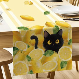 ANATTASOUL Table Runner Lemon and Black Cat 13"x72" Stripes Table Decorations, Durable Summer Dining Decor for Home Kitchen Party Room