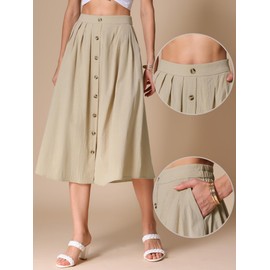 Allegra K Cotton Midi Skirt for Women's Summer Casual Button Decor Elastic Waist A-Line Skirts with Pocket Khaki S